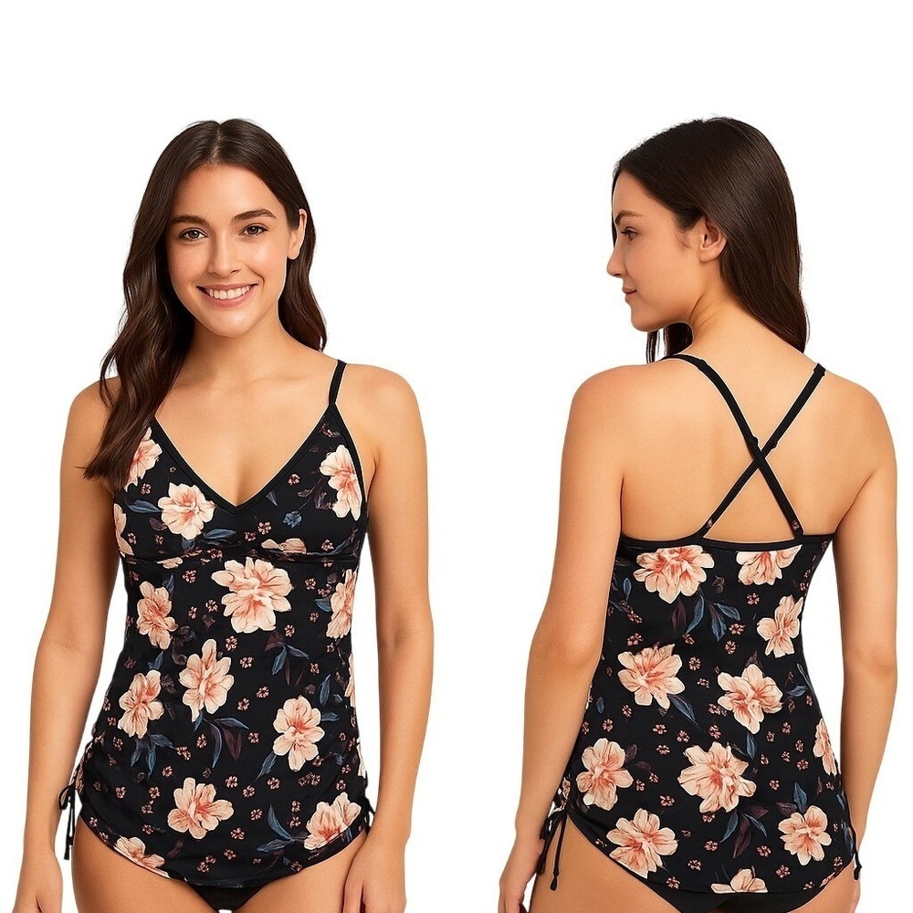 Avia Shirred Floral Tankini Swim Top Size Medium Black UPF 50 Chlorine Resistant